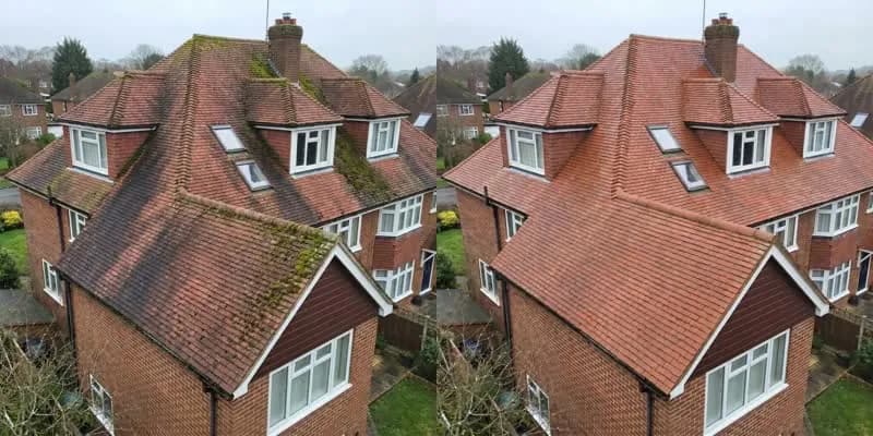 Semi-detached roof from above, before and after cleaning