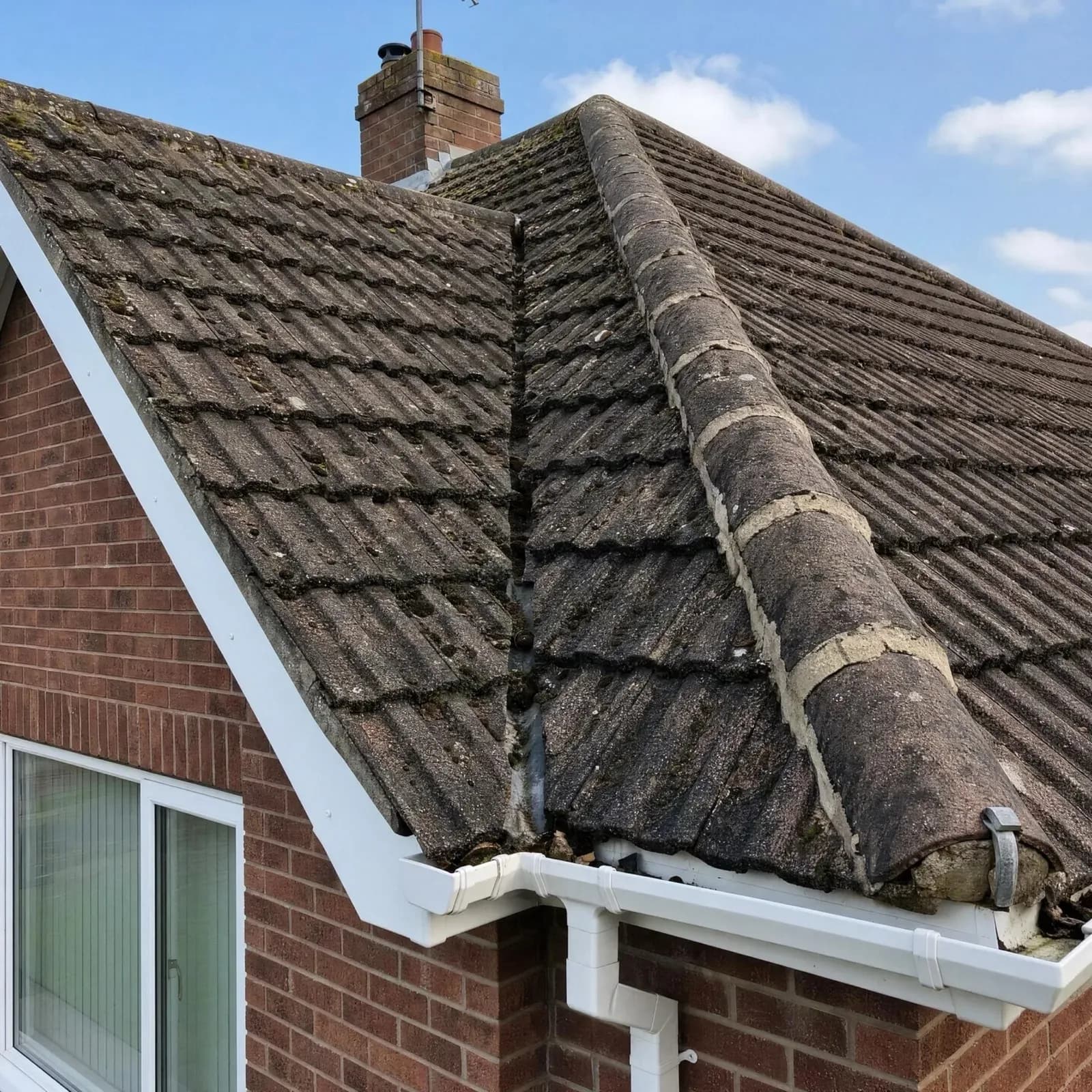 Concrete tile roof covered in moss and black streaks before cleaning