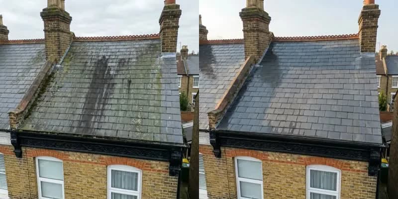 Slate roof on a terrace, before and after cleaning side by side